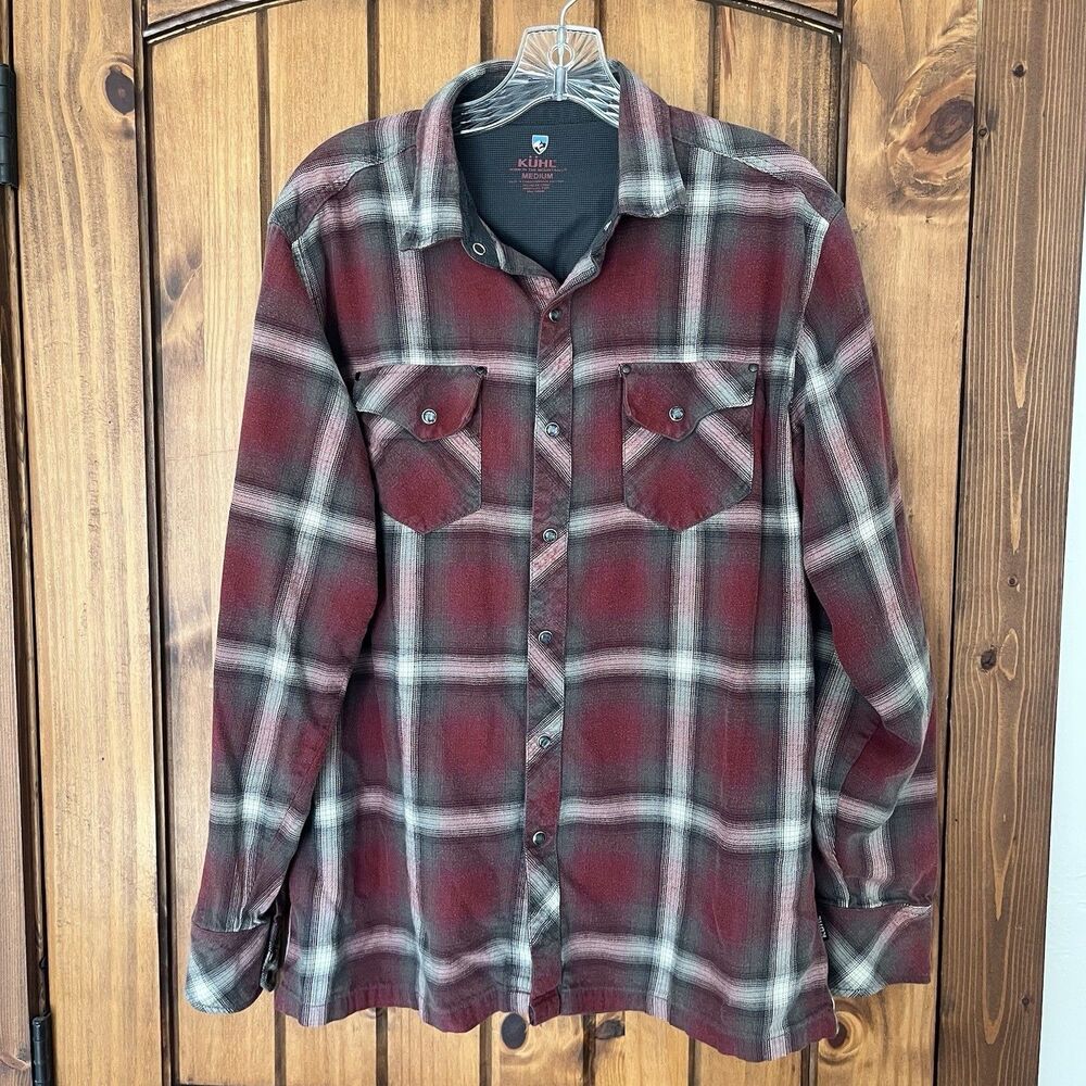 KÜHL Mens Lowdown Flannel Snap Shirt Gray Red Plaid Medium 7210 Western Outdoor
